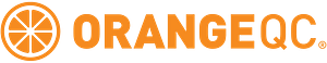 Image of OrangeQC Company Logo: Orange Slice Disk and Orange Letters.